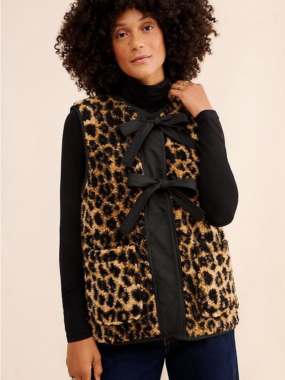 Damson Madder Marta Borg Gilet Leopard Faux-Shearling Vest with Bow Ties